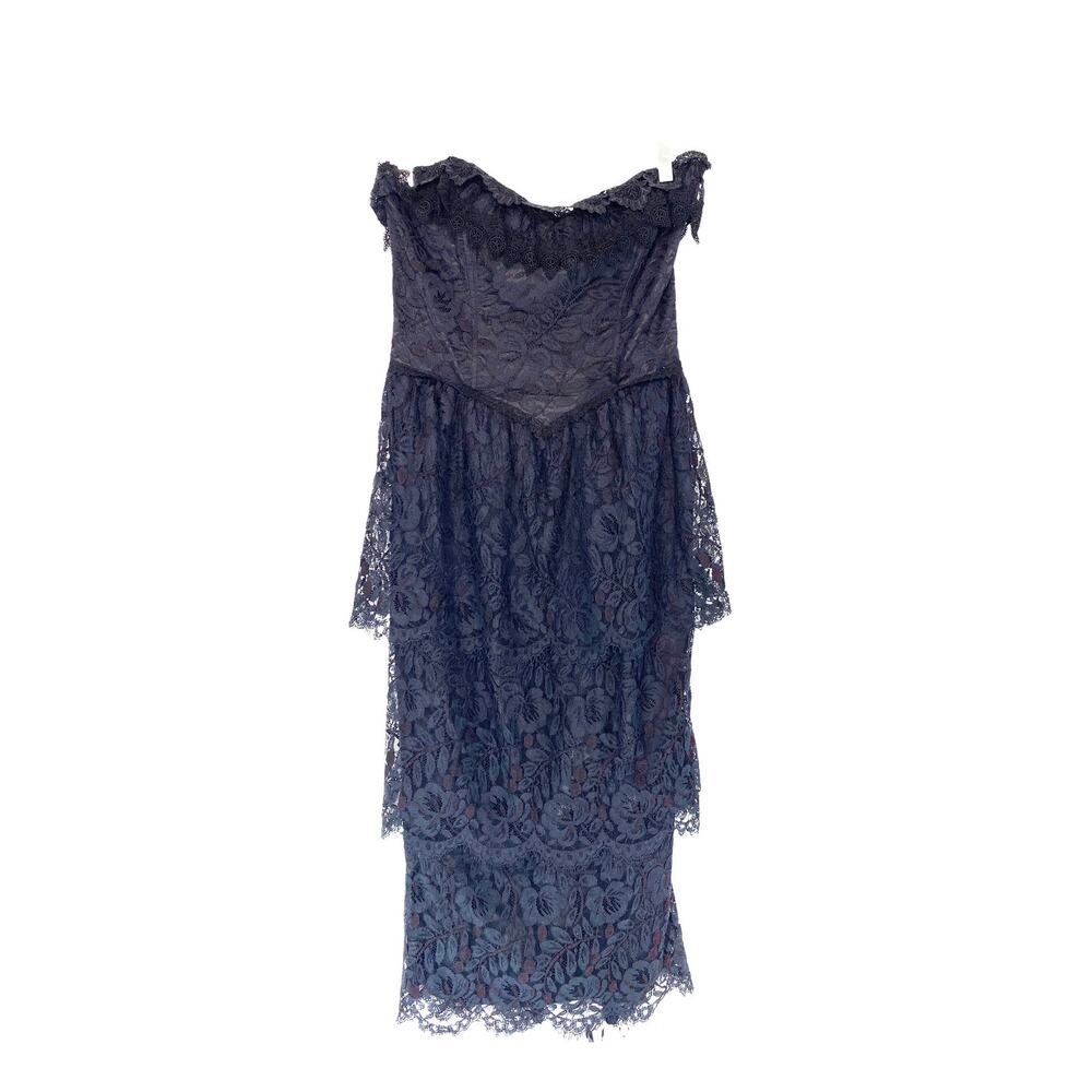 Jessica McClintock Vintage Black Lace Gothic Witchy Tiered‎ Midi Dress Size 12